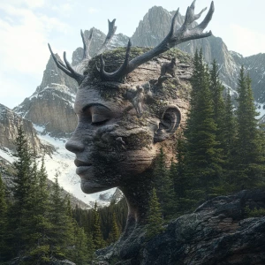 Design a 3D 8K UHD photorealistic image where a beautiful human face emerges organically from a Rocky Mountain landscape, incorporating elements of local wildlife and nature as facial features. Achieve a high level of detail and maintain a seamless, unified aesthetic throughout the composition.