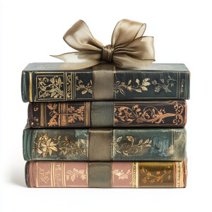 A neatly stacked pile of ornate, decoratively bound books adorne...