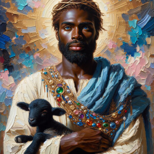 Oil painting of an African-American man resembling Jesus Christ,...