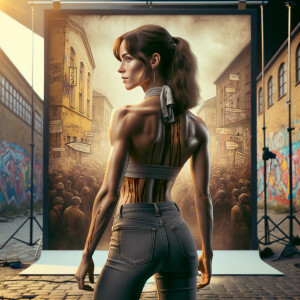 Athletic Thin skinny Attractive, Asian teenage girl, long brown hair and bangs, wearing tight skinny jeans and a halter top paint marks on her clothing, heroic pose Asian graffiti background, backside view