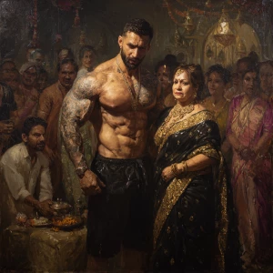 Realism,photo painting.a muscular beefy sweaty tattoed indian ma...