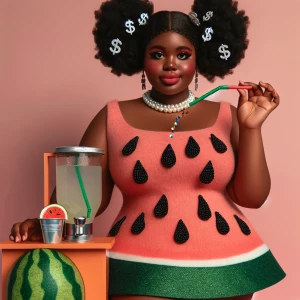 Plus-sized cutie in a watermelon-slice mini dress (seeds are bla...