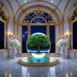 A c ceiling, large arched windows with intricate gold designs, a...