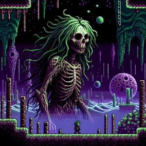 A decayed Lovecraftian Joker with skeletal features and stringy...