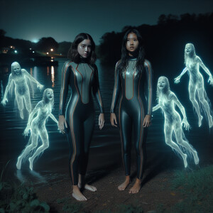 Two girls are standing near the lake at night in a hydro suit an...