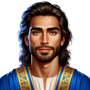 Create handsome African-American, Jesus, with Hazel Brown eyes wearing a blue and gold robe