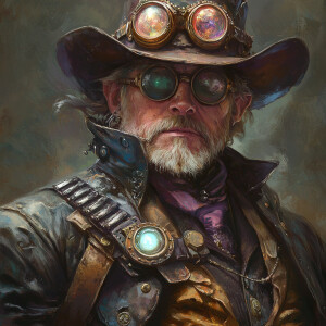 A time-worn adventurer with a steampunk flair, sporting a tatter...
