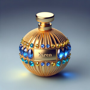 Create a 3-D realistic gold and blue, colorful jewels perfume b...