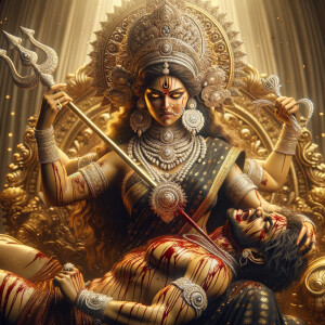 portrait of angry looking goddess durga sitting on a gold crown and carrying a weak mahishasur on her lap and stabbing him with her amazingly designed trident. She is wearing a huge diamond crown, black saree, abundant diamond jewelry, covered in blood. The scene is set in ancient India. The image is 8K resolution, photograph, cinematic, ultra detailed face and epic.