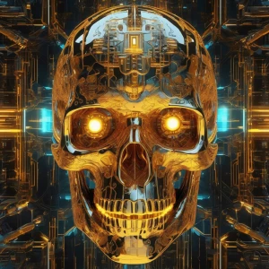 close-up digital artwork of a translucent, glass-like skull with...