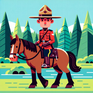 A caricature of a canadian mounty on his horse in the style of H...