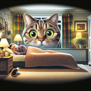 A cartoon of a cat peering over you while you are sleeping