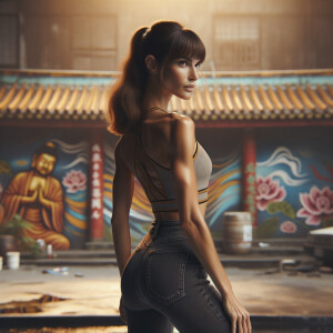 Athletic Thin skinny Attractive, Asian teenage girl, long brown hair and bangs, wearing tight skinny jeans and a halter top paint marks on her clothing, heroic pose Asian graffiti background, backside view