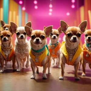 Chihuahuas in the latest fashion attire and vibrant jewelry walk...