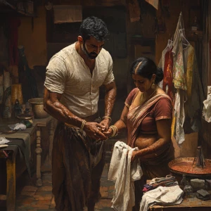 A wealthy, muscular Indian man, glistening with sweat, helps his...