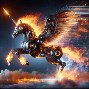 Create a vivid scene featuring a computerized Fire Pegasus or a...