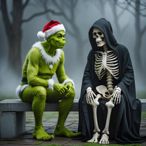 A realistic photo of a Grinch sitting on a concrete bench next t...