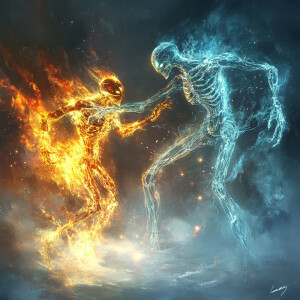 An alien made of ice is pulling an alien made of fire by the leg...