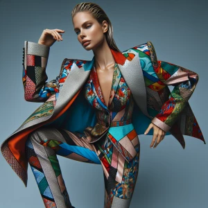 full body photography, a woman with blonde hair wearing a colorfull suits with geometric pattern, avant garde look, cool pose