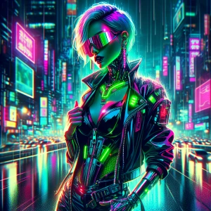 A striking woman with bold, neon-green hair cascading over one shoulder, her outfit a blend of cyberpunk leather and glowing circuitry. She stands confidently on a rain-slicked rooftop, with the city’s pulsing neon skyline stretching out behind her. Her reflective sunglasses catch the glimmer of a floating holographic billboard, and a subtle smirk hints at her rebellious attitude