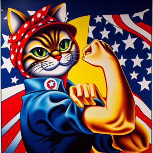 A cartoon of a cat such as the World War II posters of women adv...