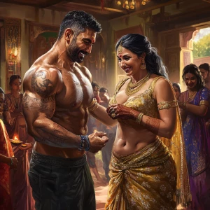 Digital art HD 1:1,A muscular, sweaty man joyously celebrates Di...