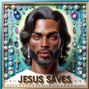 "Create a 3D realistic artwork featuring the phrase 'Jesus Saves...