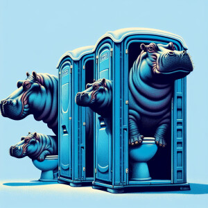 три бегемота, два больших , а один поменьше, выходят из биотуале...