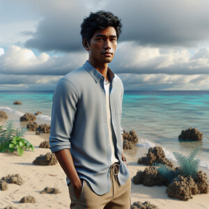 Create a 3D rendering of a young Filipino man, inspired by gospe...