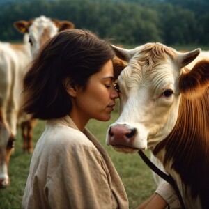 A tender scene featuring a small, adorable cow, no larger than a...