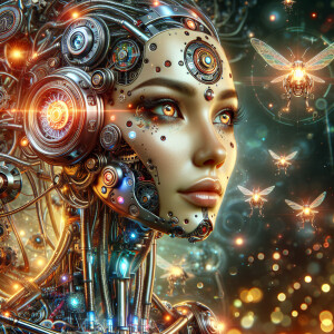 Futuristic cyborg woman, mechanical enhancements integrated into...