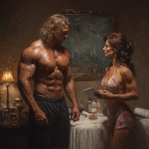 Hyperrealism painting, a muscular Russian man in his beach hotel...