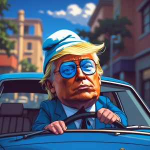 Trump in Smurf role take a ride in a car in gta art style