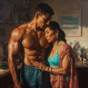 Hyperrealism painting.a muscular sweaty indian man standing be...