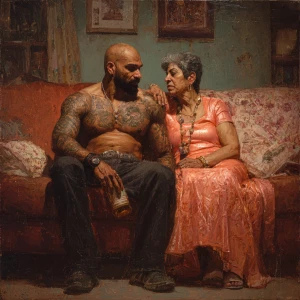 Realism,  painting.a muscular beefy sweaty tattoed indian man si...