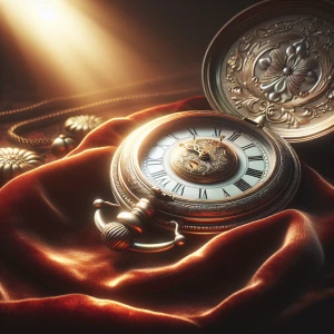 An antique pocket watch resting on a velvet cloth, its intricate...