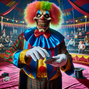 A scary clown shows magic tricks. I periodically appear in the p...
