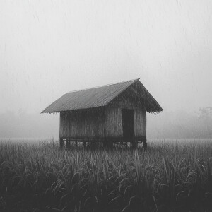heavy rain in a hut in the middle of a rice field, the weather w...
