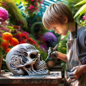 An american boy is carving a sculpture of an evil skull in a gar...