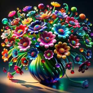 A vibrant and whimsical bouquet of glossy, multicolored flowers, each petal radiating joy in a spectrum of red, pink, blue, purple, orange, and yellow hues, assembled in a reflective, curved glass vase. The stems and leaves are rendered in rich, lifelike greens, contrasting beautifully with the brightly hued petals. The vase, positioned on a dark surface, holds a magical arrangement where the lower half is filled with layers of sparkling, jewel-toned crystals, creating a rainbow gradient from green to blue to fiery orange. Each flower seems to have a character of its own, contributing to a cheerful and enchanting composition that exudes the essence of a dreamy, enchanted garden.