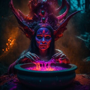 A grotesque alien witch with mini skulls embedded in her face, s...