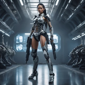 A futuristic woman with 1  powerful, mechanical leg that resembl...