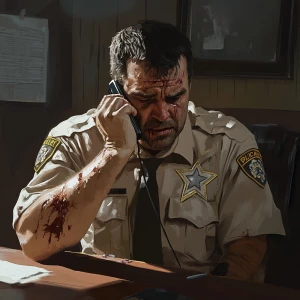 A deputy sheriff, with visible injuries and an upset expression,...