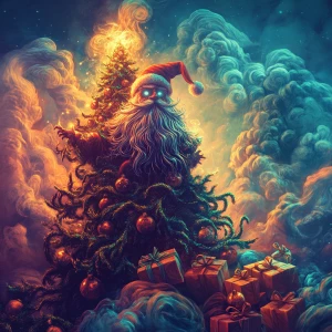 In a hazy, psychedelic forest, a sinister Santa figure sits atop...
