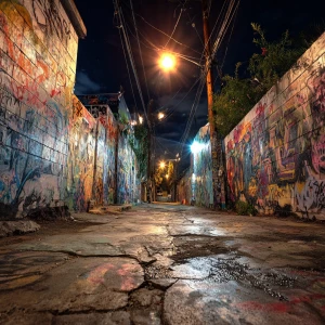 A graffiti-covered alley in Los Angeles, California, illuminated...