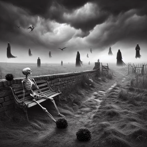 Generate a monochrome image of a desolate, grassy field enclosed...