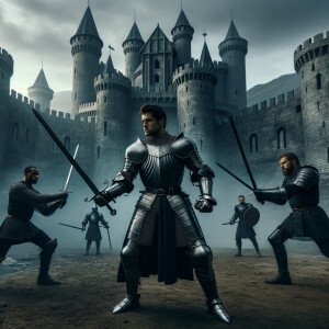 An epic battle showing a hero, fighting two men