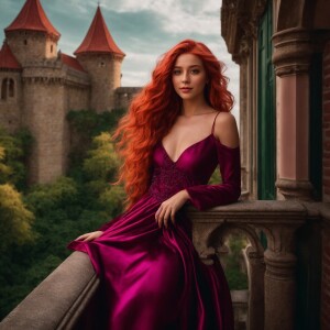 A smiling beautiful young princess with long wavy layered bright...