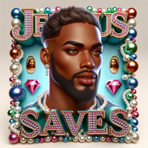 A 3D realistic artwork featuring the phrase 'Jesus Saves' adorne...