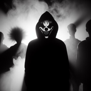 Darkness, silhouettes of a scary sinister clown are visible in i...